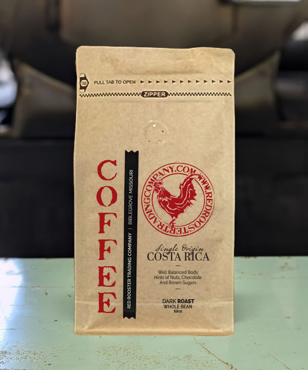 Bag of Costa Rica Single Origin dark roast specialty coffee with nut, chocolate, and brown sugar notes