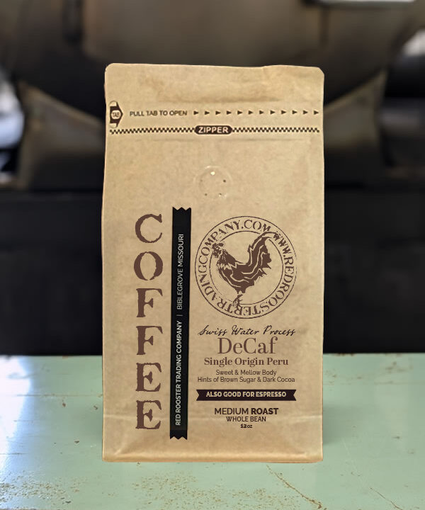 12oz bag of Single Origin Peru Swiss Water Process Decaf whole bean coffee from Red Rooster Trading Company