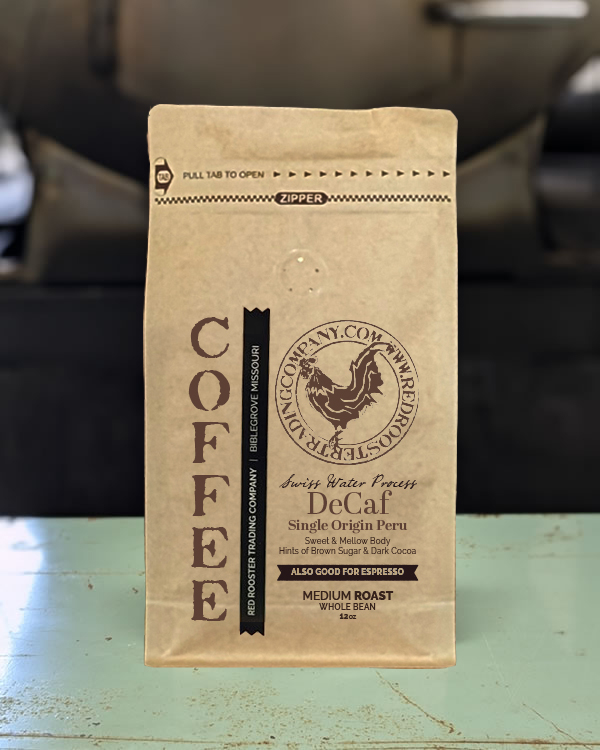 12oz bag of Single Origin Peru Swiss Water Process Decaf whole bean coffee from Red Rooster Trading Company