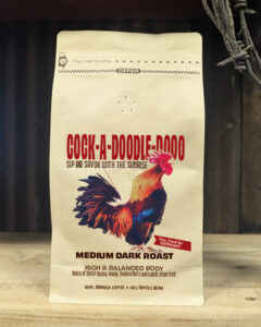 Bag of Cock-a-Doodle-Doo Breakfast Blend specialty coffee with notes of fruited chocolate
