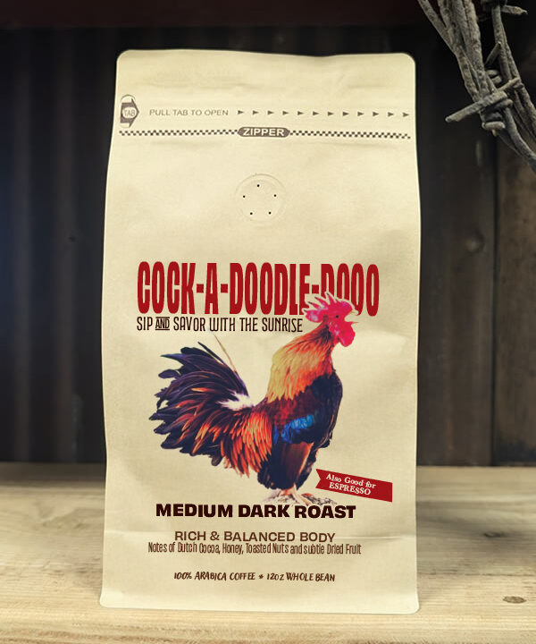 Bag of Cock-a-Doodle-Doo Breakfast Blend specialty coffee with notes of fruited chocolate