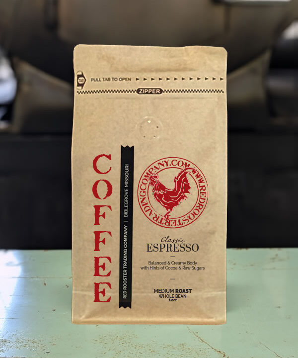 Bag of Classic Espresso whole bean specialty coffee from Red Rooster Trading Company with rich almond and dark chocolate notes