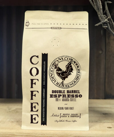 12oz bag of Double Barrel Espresso whole bean coffee from Red Rooster Trading Company