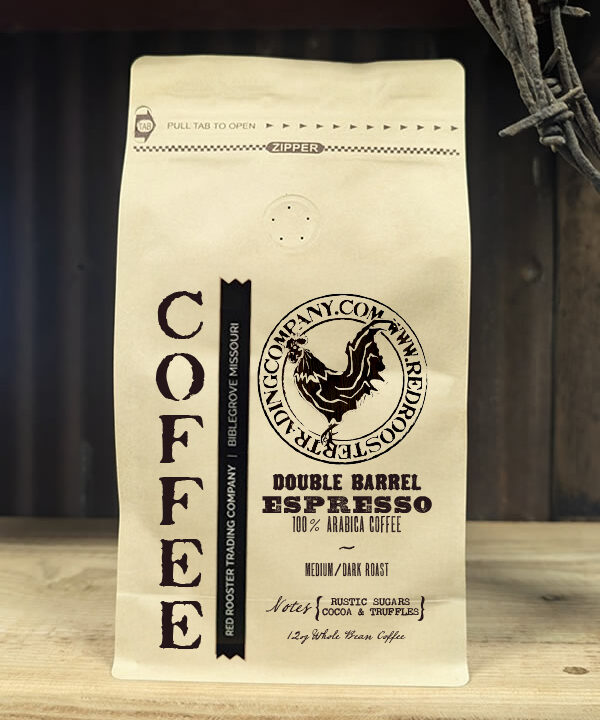 12oz bag of Double Barrel Espresso whole bean coffee from Red Rooster Trading Company