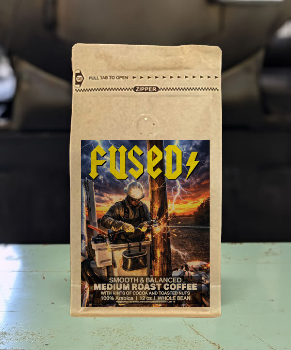 12oz bag of Fused medium roast whole bean coffee blend from Red Rooster Trading Company with notes of cocoa and toasted nuts