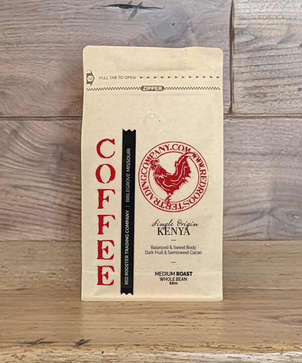 Bag of Kenya Single Origin medium roast specialty coffee with notes of dark fruit and semisweet cacao