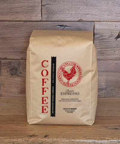5 pound bag of Classic Espresso whole bean coffee from Red Rooster Trading Company with almond and dark chocolate notes