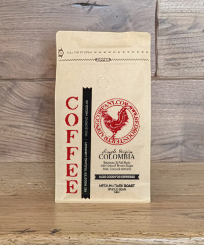 12oz bag of Single Origin Colombia whole bean coffee from Red Rooster Trading Company
