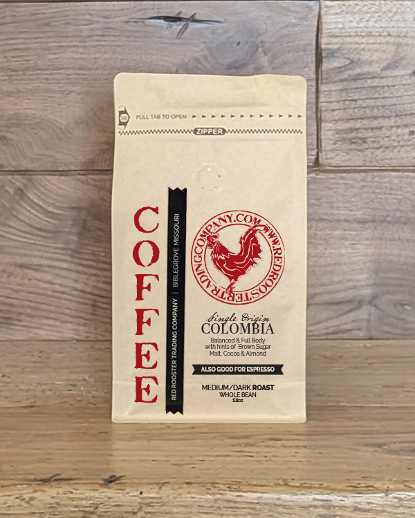 12oz bag of Single Origin Colombia whole bean coffee from Red Rooster Trading Company